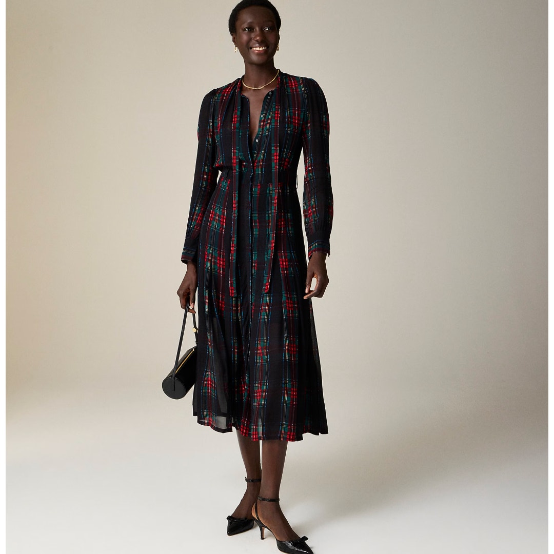 J.Crew Tie Neck Dress Midi Stewart Tartan Viscose Chiffon Plaid Preppy M Nwt